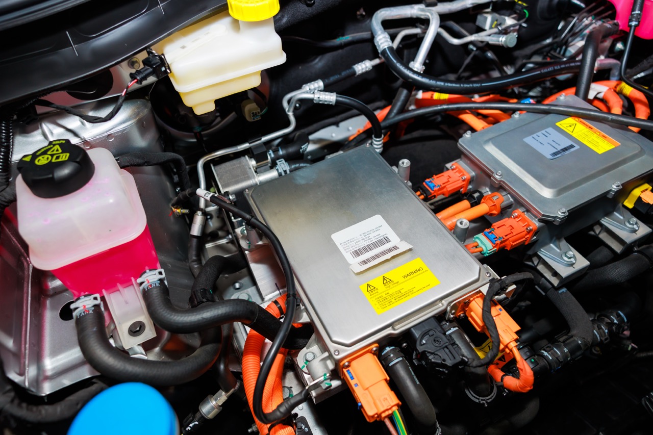 Battery pack in EV electronic car. Motor engine for vehicle car in future