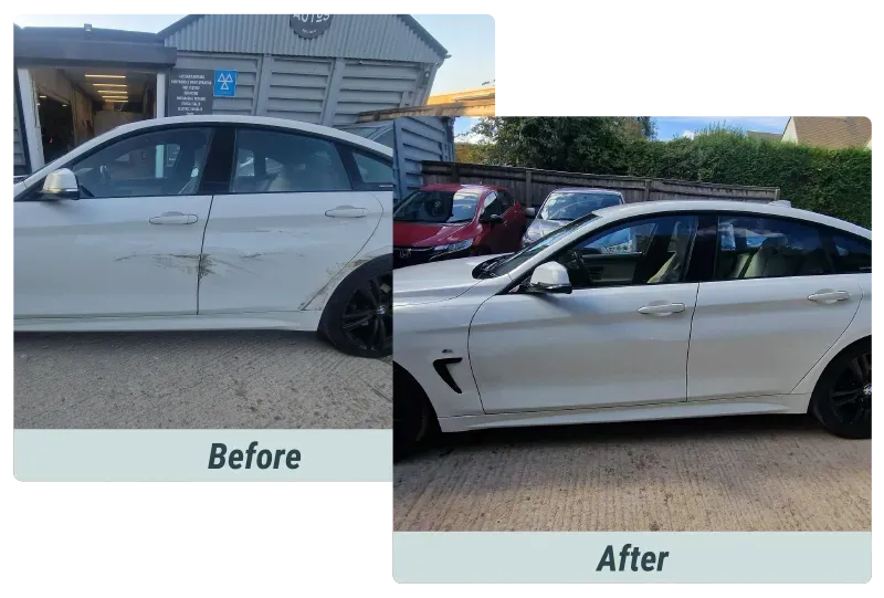 Before and after accident repair on a white BMW car.